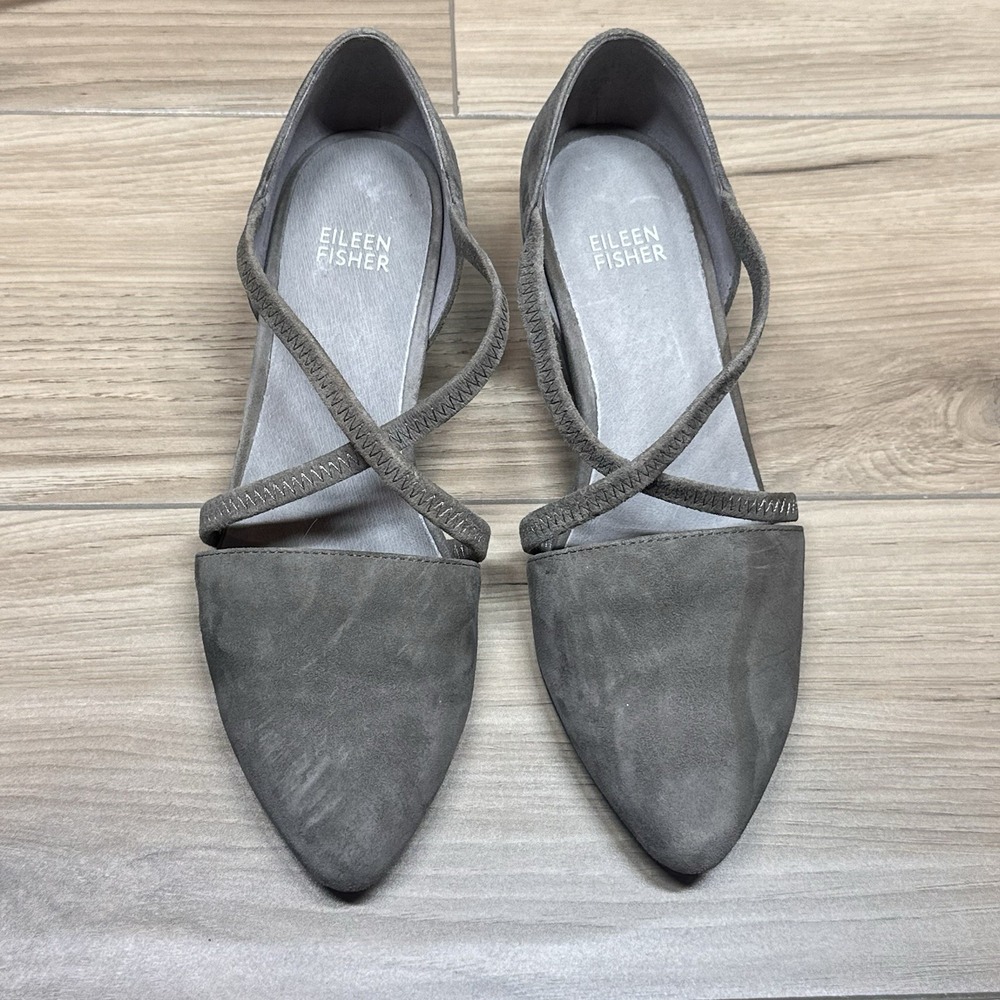 Eileen Fisher Block Heel Sandal Womens Sz 7.5 Gray Suede Leather Closed Toe